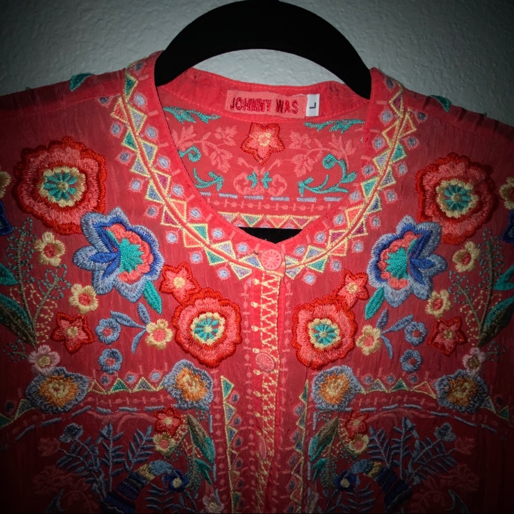 Johnny Was Embroidered Coral Colored Top